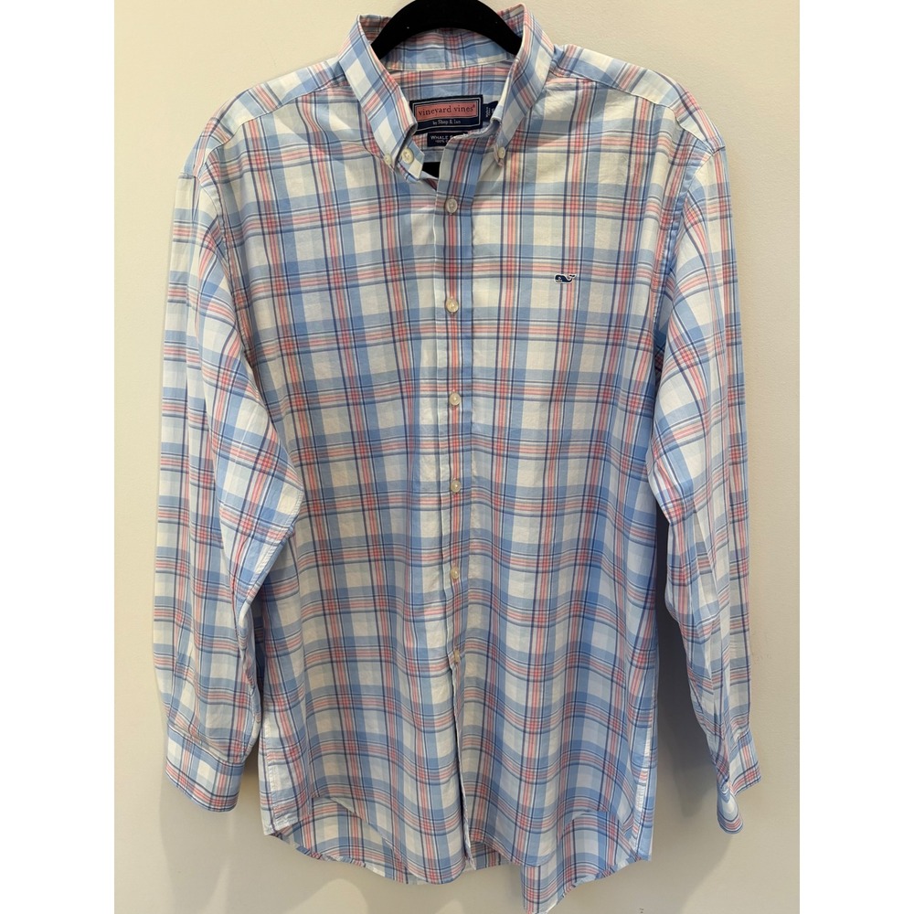 Vineyard Vines Men's Whale Shirt Blue Pink Plaid Button Down Medium